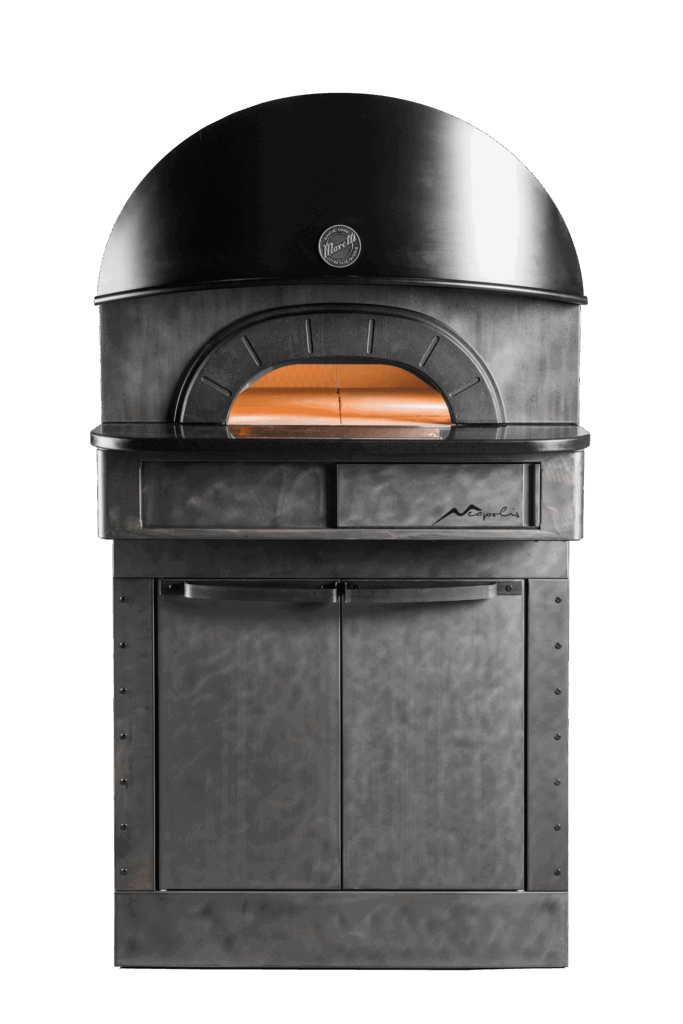 Moretti Forni Neapolis pizzaovn med mørk kuppel og oplyst ovnåbning