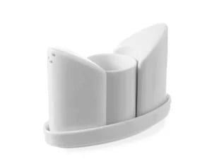 Krydderisæt i hvidt porcelæn - salt, peber og tandstikker, 125x54x(h)90mm.