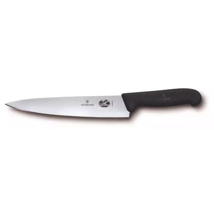 Hovedvisning af Victorinox 9-tommers kokkekniv med sort Fibrox-håndtag og skarp klinge.