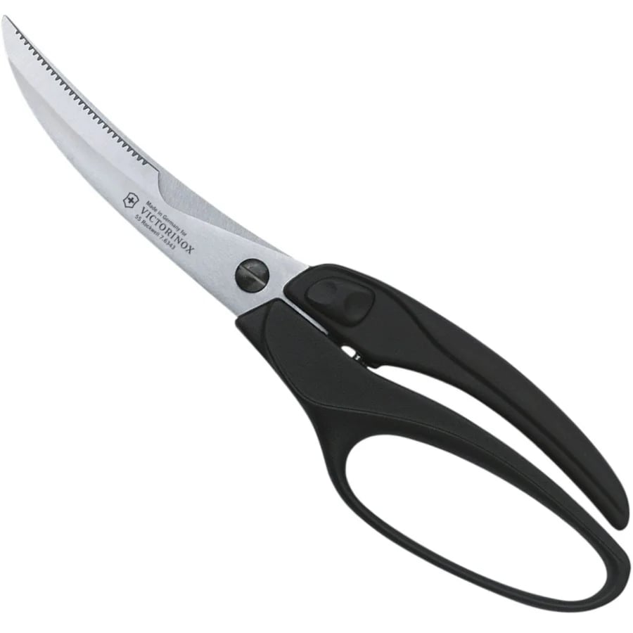 Fjerkræssaks 25cm Victorinox set forfra med sort ergonomisk håndtag og rustfrit serreret blad.