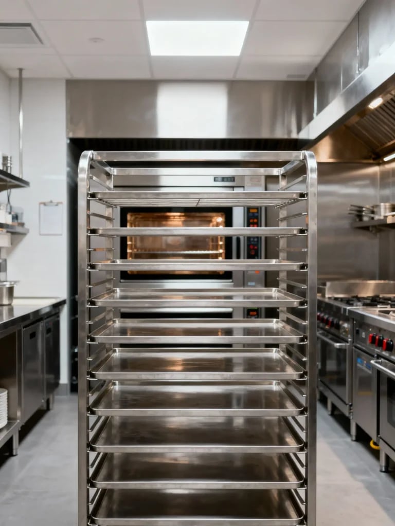 Stativ med metalbakker foran en ovn i et professionelt køkken