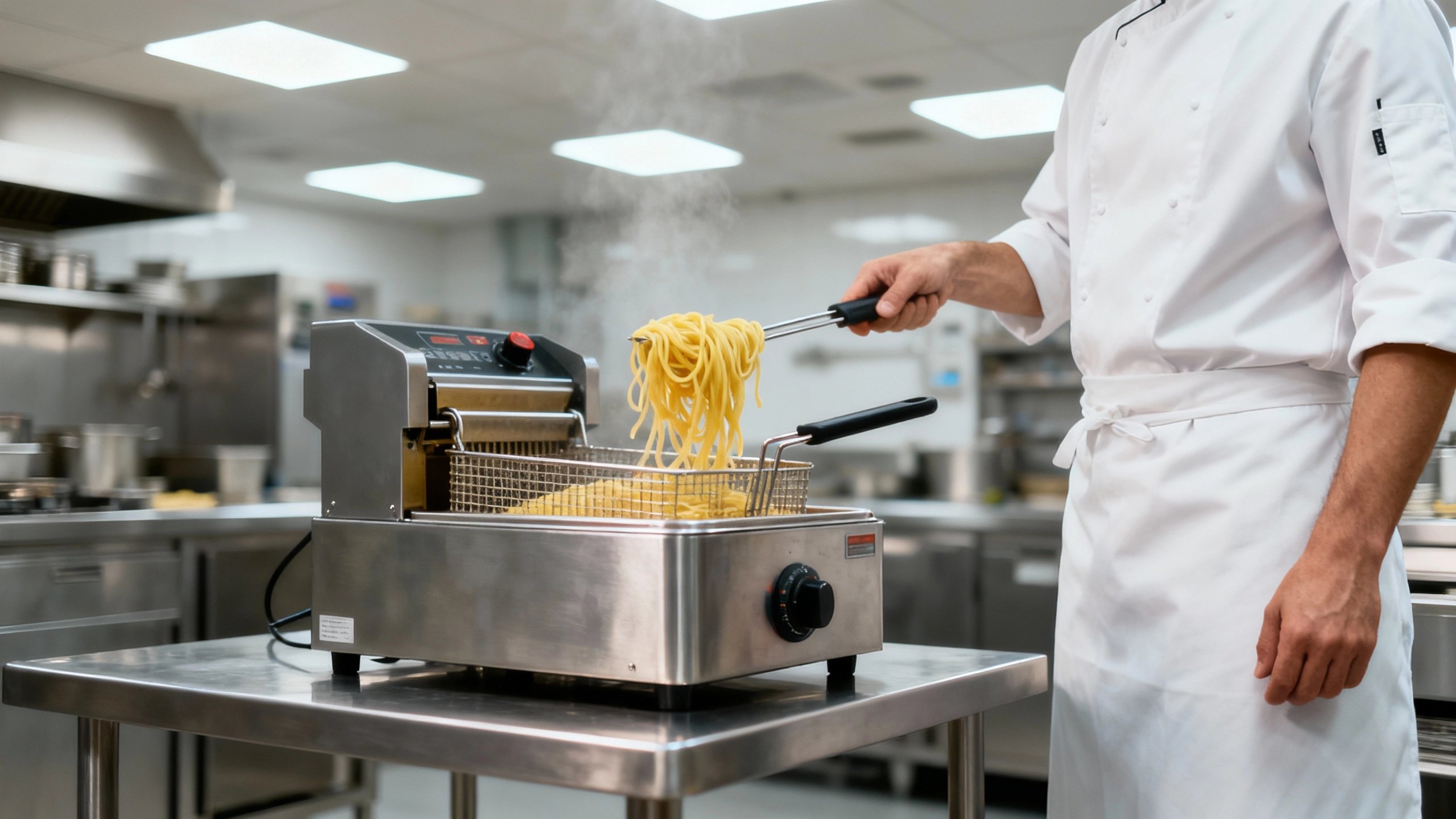En kok løfter pasta op over en pastakoger med kurv