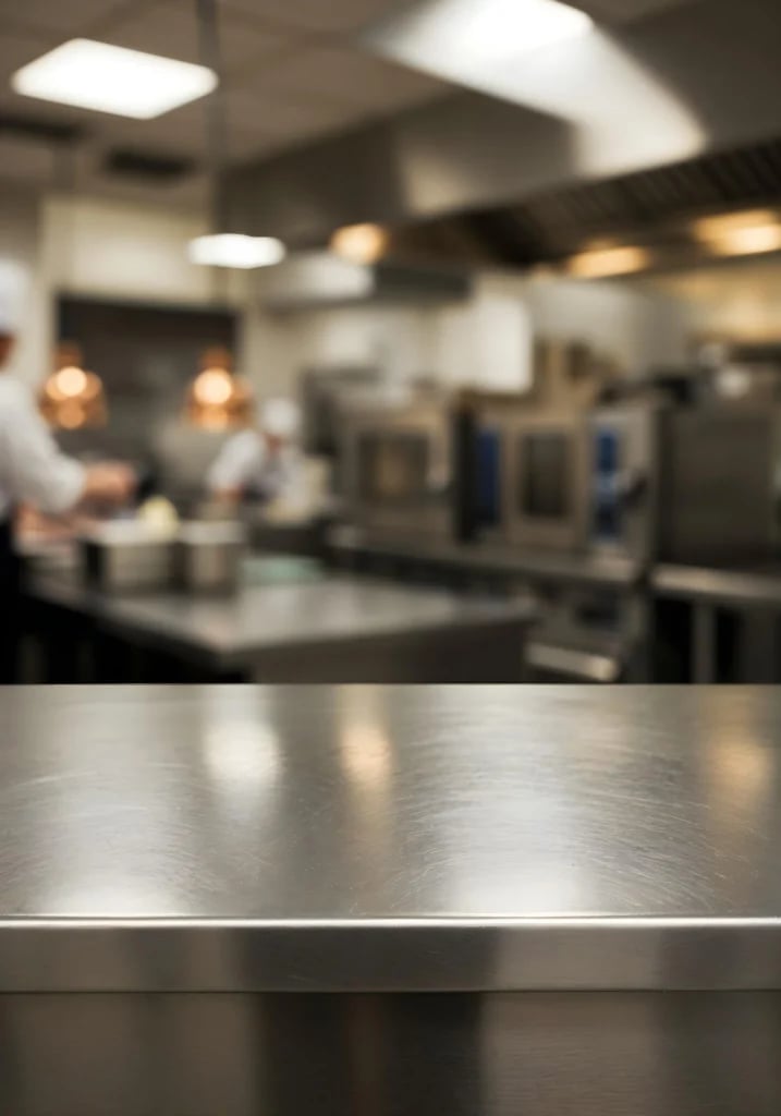Stålbordplade med et professionelt køkken i baggrunden