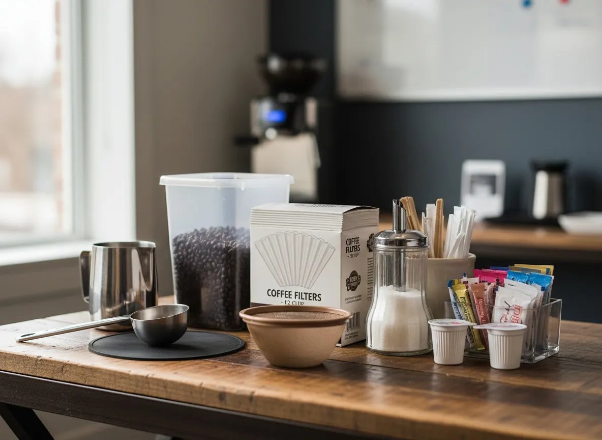 Kaffefiltre, kaffebønner og tilbehør på et træbord