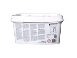 Hvid HOUNÖ CareCycle Clean beholder set skråt fra siden med produktlabel