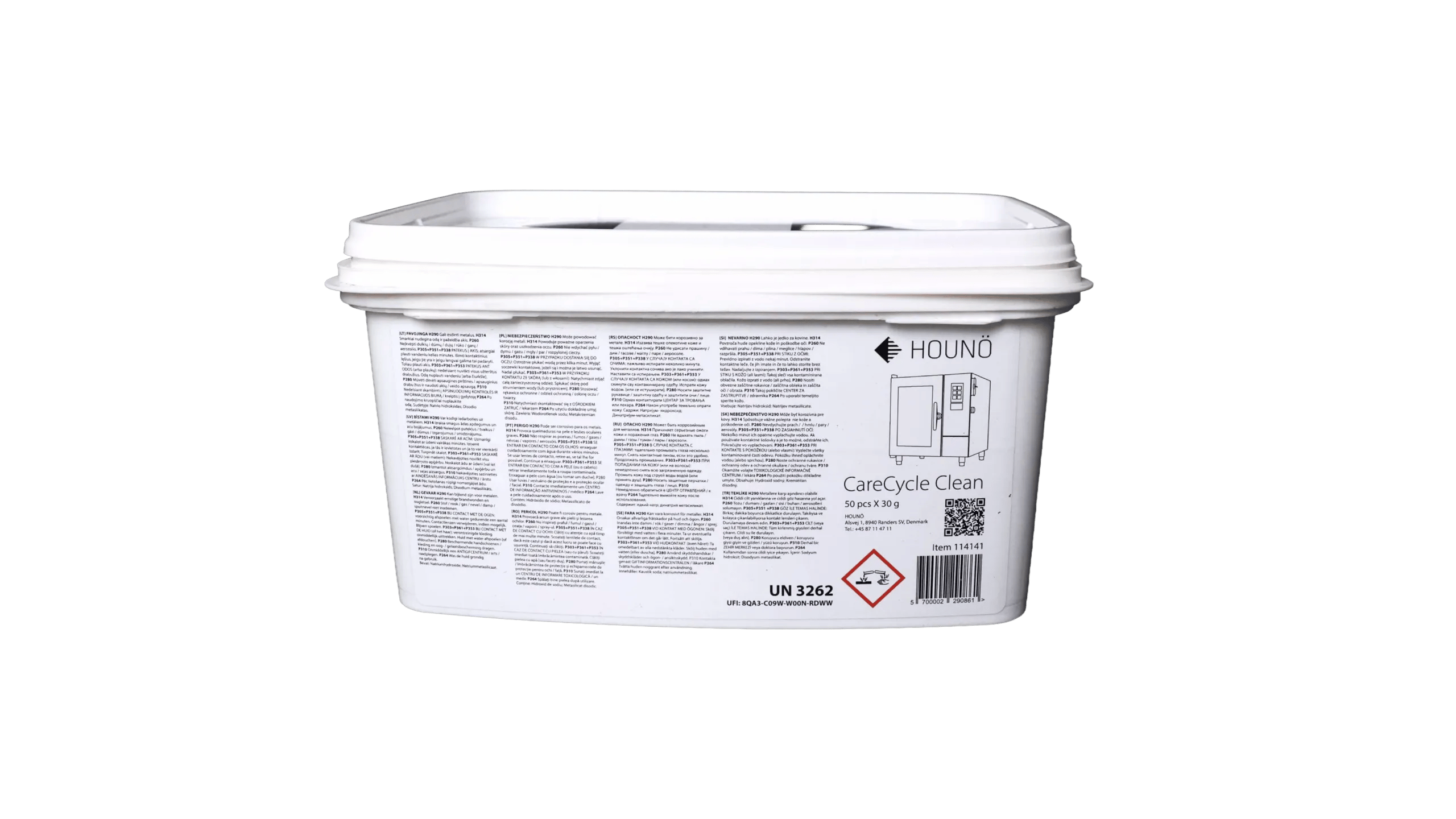 Hvid HOUNÖ CareCycle Clean beholder set skråt fra siden med produktlabel