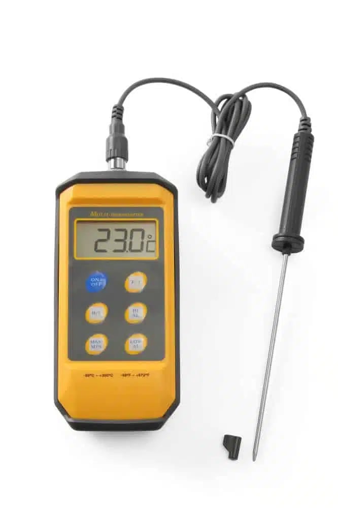 Stødsikkert termometer med probe, 195x85x(H)45mm, vandafvisende, temperaturområde -50°C til 300°C
