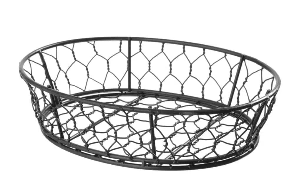 Ovalt sort metalnet kurv med dekorativ kant, 230x180x60mm