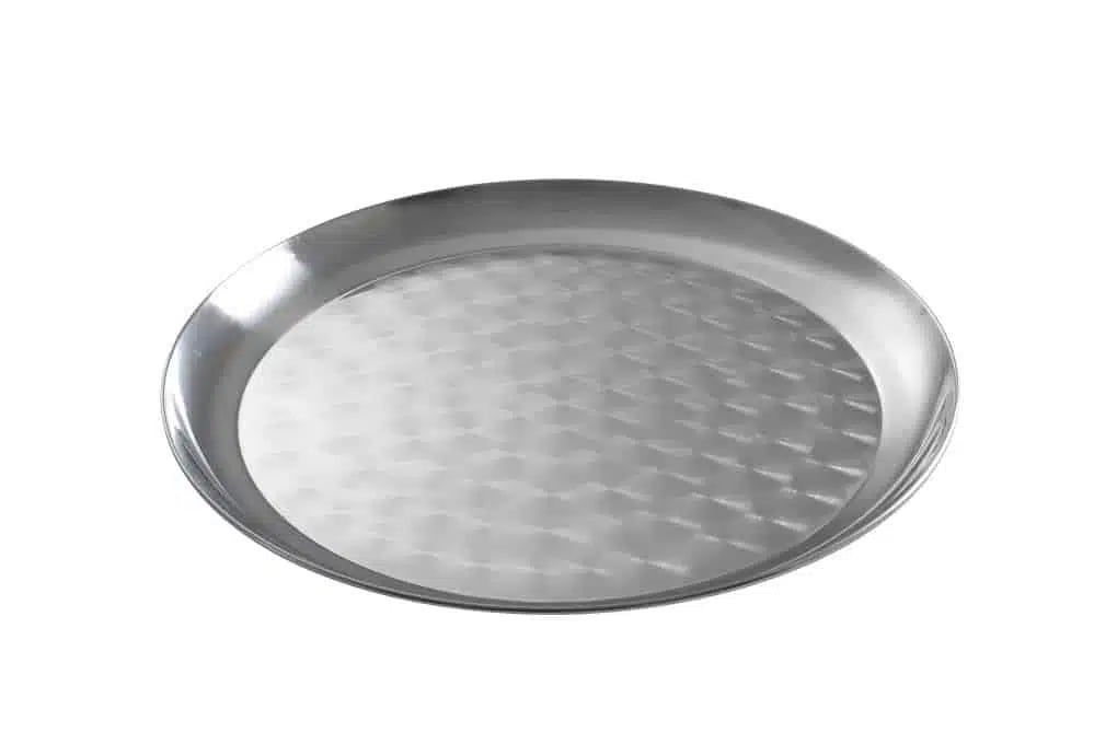 Rundt serveringsfad i rustfrit stål med dekorativ mønster, ø300x(h)17mm