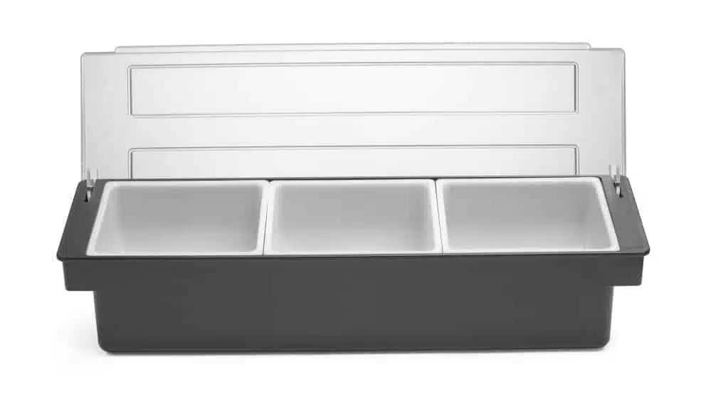Sort condiment holder med 3 beholdere til bar