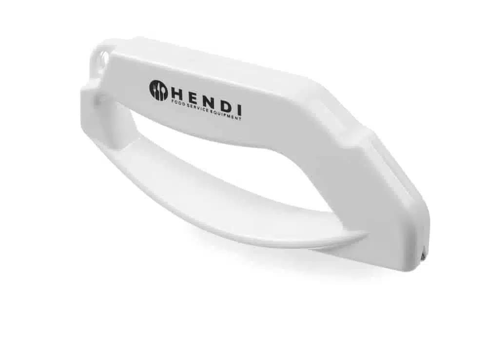 Knivsliber, hvid, 140x15x(H)65mm, med fingerbeskyttelse, vendbare dobbelte slibeklinger af carbide.