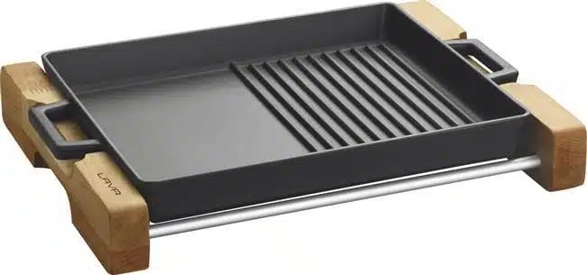 Stegepande/Grill Duo Pande, integrerede metalhåndtag og træservice stativ. dim. 26x32cm., 2290ml