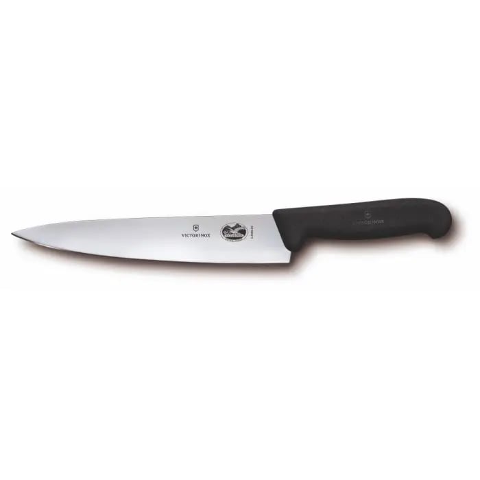 Victorinox Fibrox Pro kokkekniv med 19 cm bølget klinge og ergonomisk sort Fibrox-håndtag.