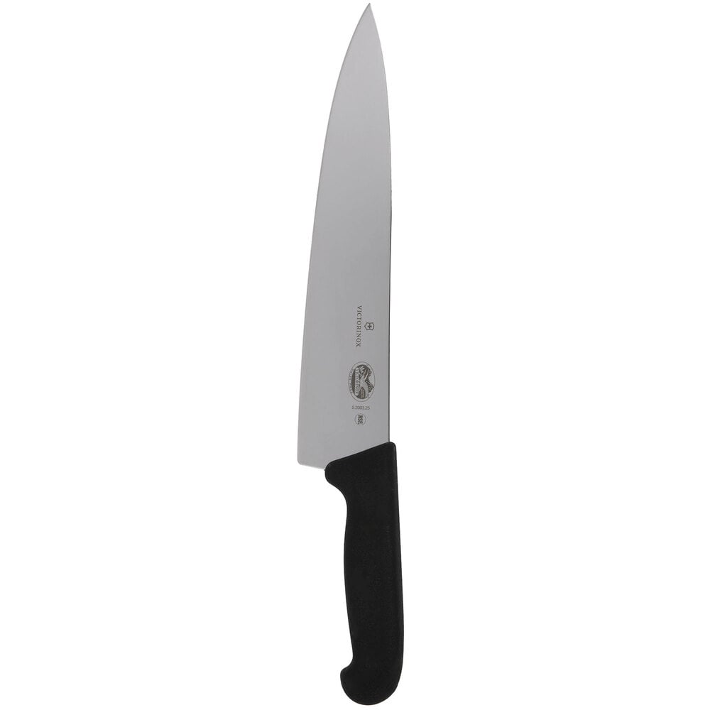 Frontbillede af Victorinox 10-tommer kokkekniv med sort Fibrox-håndtag og skarp klinge