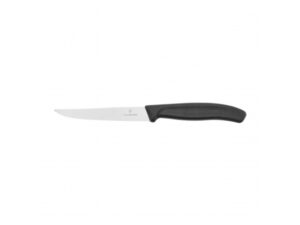 Close-up af Victorinox Swiss Classic steakkniv med 11 cm serreret spidsblad og sort polypropylene håndtag.