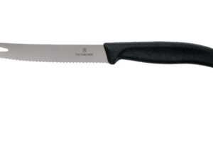 Ostekniv 11cm Swiss med bølget kant og gafeltip set forfra på træskærebræt.