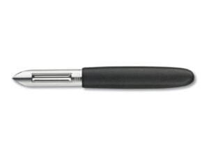Skrællekniv sort Victorinox set forfra med skarpt rustfrit stålblad og ergonomisk nylonhåndtag.