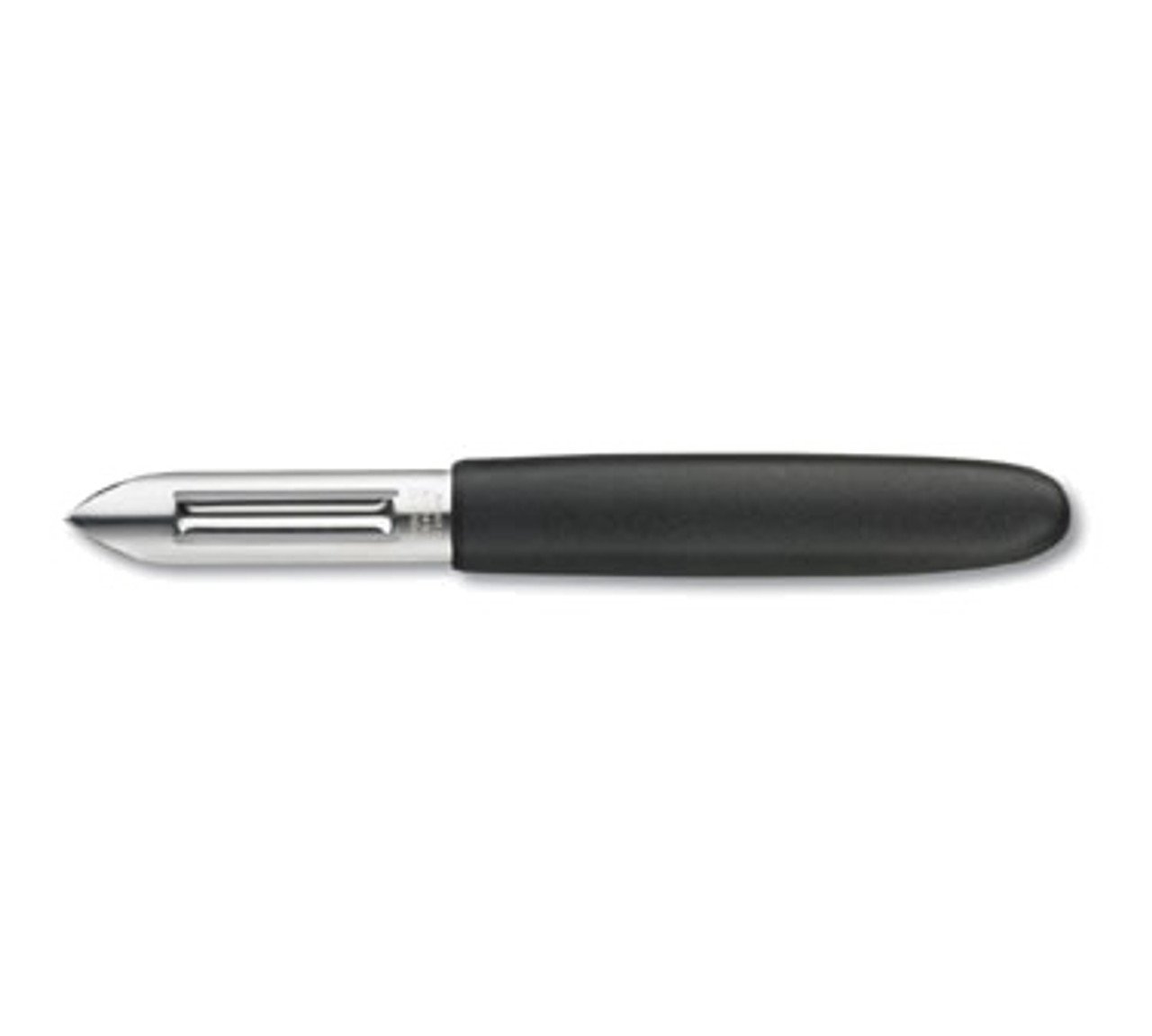 Skrællekniv sort Victorinox set forfra med skarpt rustfrit stålblad og ergonomisk nylonhåndtag.
