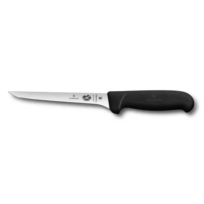 Victorinox Fibrox Pro udbeningskniv med 15 cm stiv, ekstra bred klinge og sort Fibrox-håndtag.