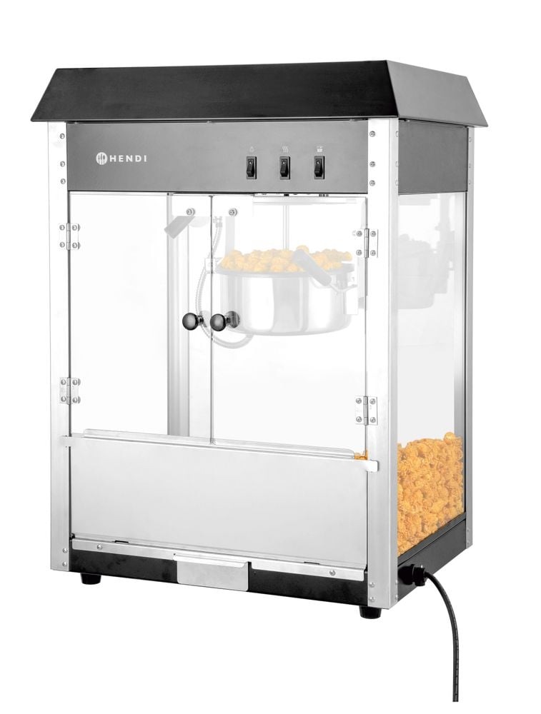 Popcornmaskine, sort, 230V/1500W, 560x420x(H)770mm, robust aluminiumsramme, glasdør, varmebestandige håndtag, belysning indeni, varmebund, cyklustid ca. 2 min. - Billede 8