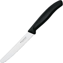 Tomatkniv 11cm Swiss set forfra med rustfrit stålblad og sort nylonhåndtag.