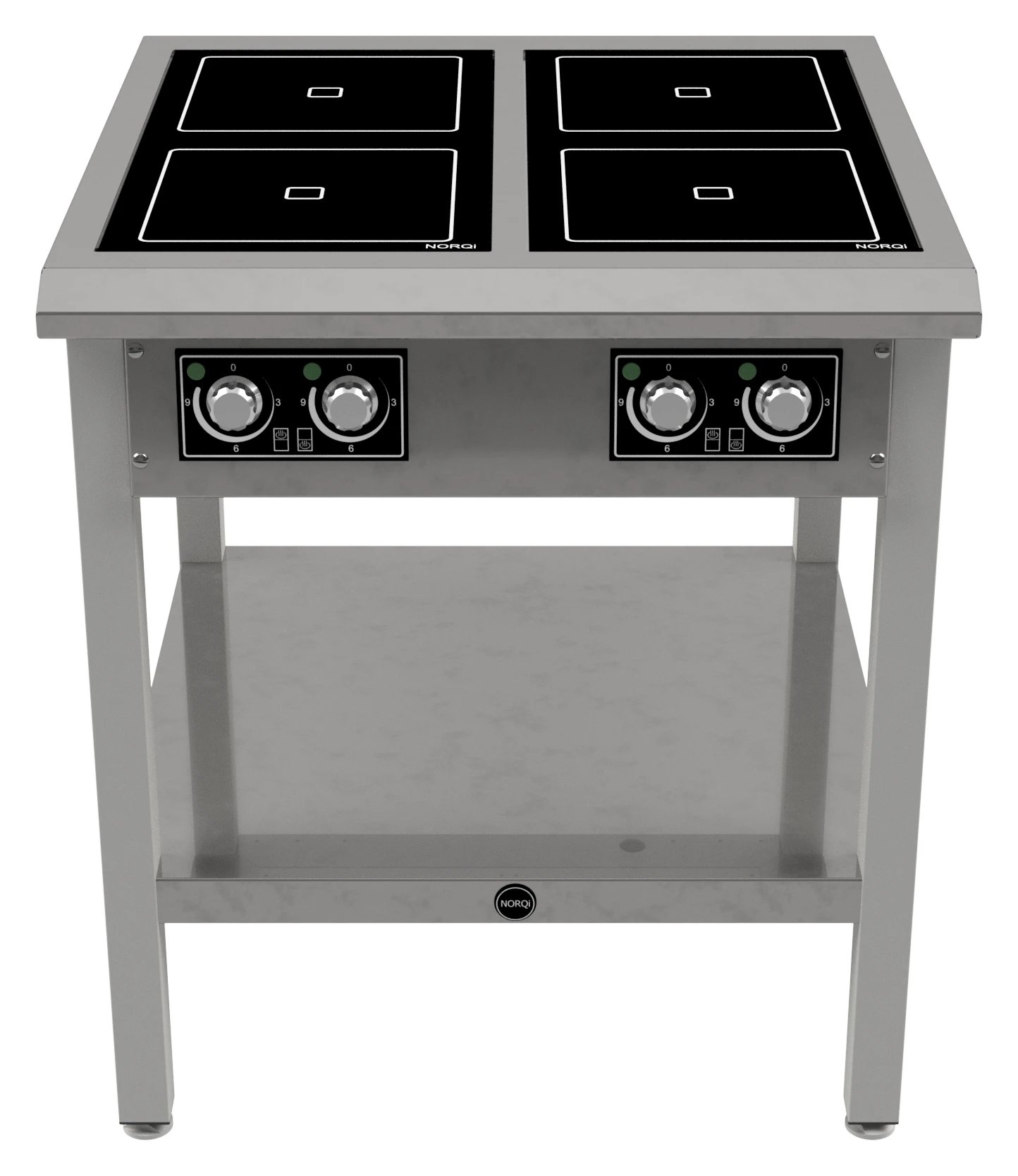 Professionelt glaskeramisk kogebord med 4 zoner og underhylde