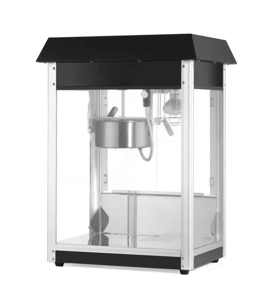 Popcornmaskine, sort, 230V/1500W, 560x420x(H)770mm, robust aluminiumsramme, glasdør, varmebestandige håndtag, belysning indeni, varmebund, cyklustid ca. 2 min.