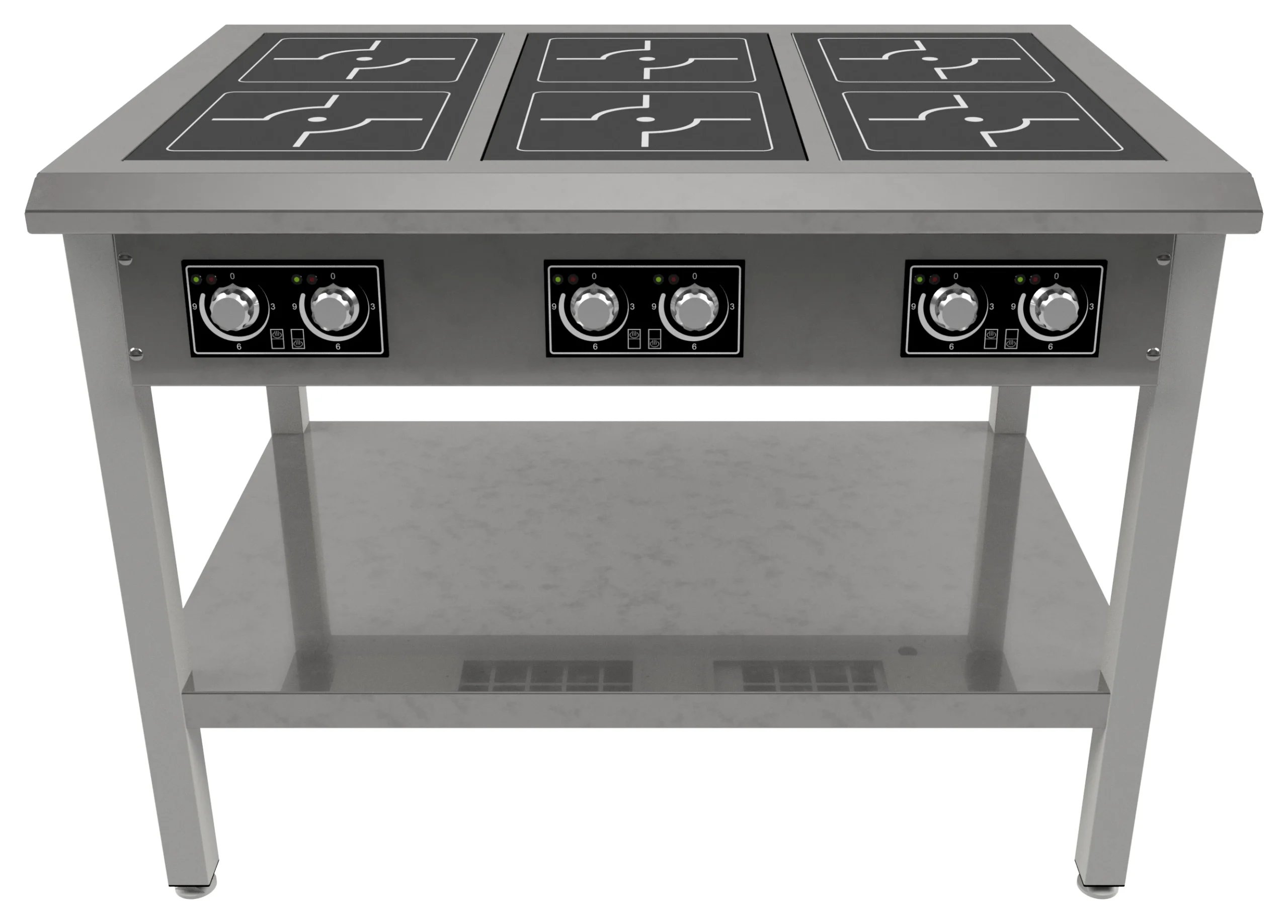 Effektivt induktionskogebord med 6 zoner i rustfrit stål
