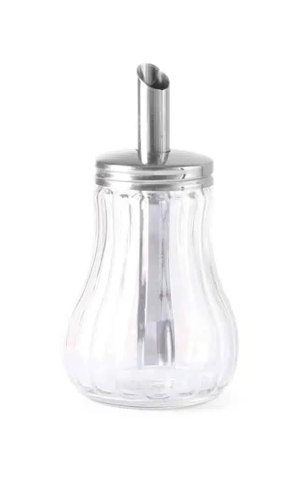 Sukkerdispenser i glas, 0,2l, rustfrit stål håndtag, ø80xh140mm