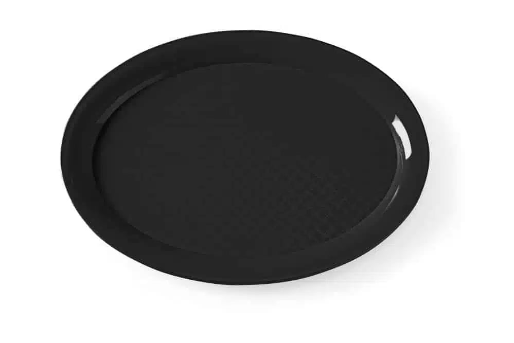 Sort oval serveringsbakke i polypropylen, 265x195x15mm
