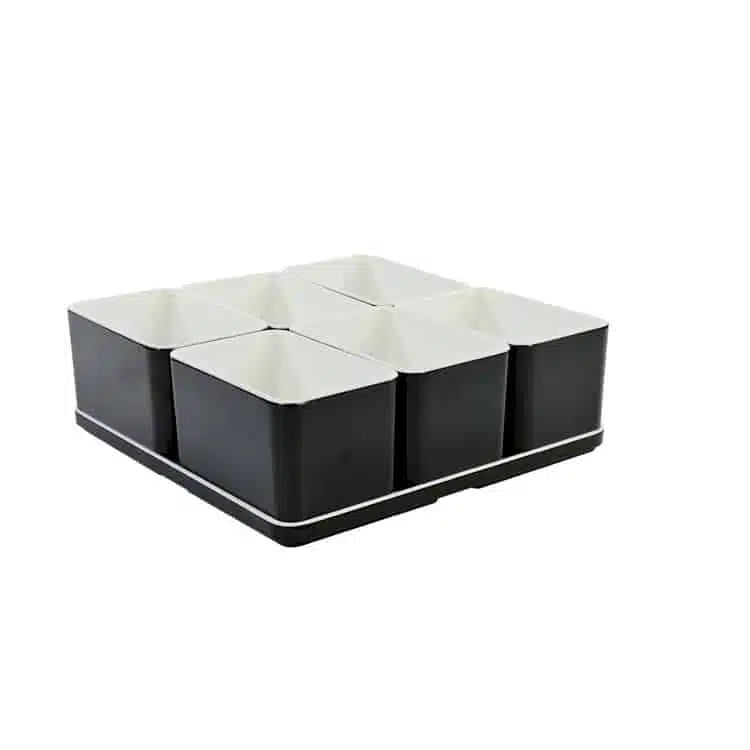 Cube organizer sæt 10: Består af skål/bakke nr. (6) + 6stk.(5) – 21 x 21 x H7.2 cm | Black. Champagne. Grey