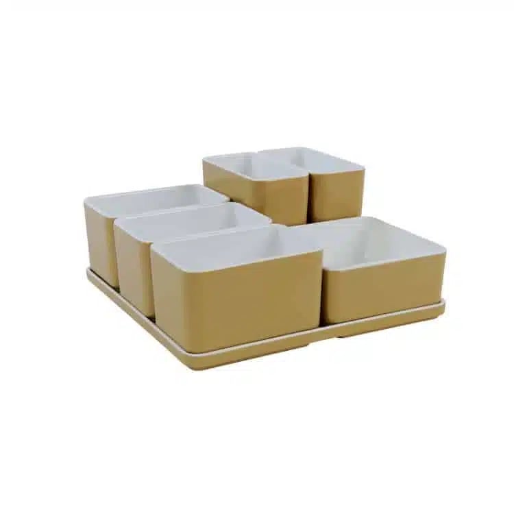 Cube organizer sæt 18: Består af skål/bakke nr. (6) + (1) + 3stk.(5) + 2stk.(3) – 21 x 21 x H9.3 cm | Black. Champagne. Grey