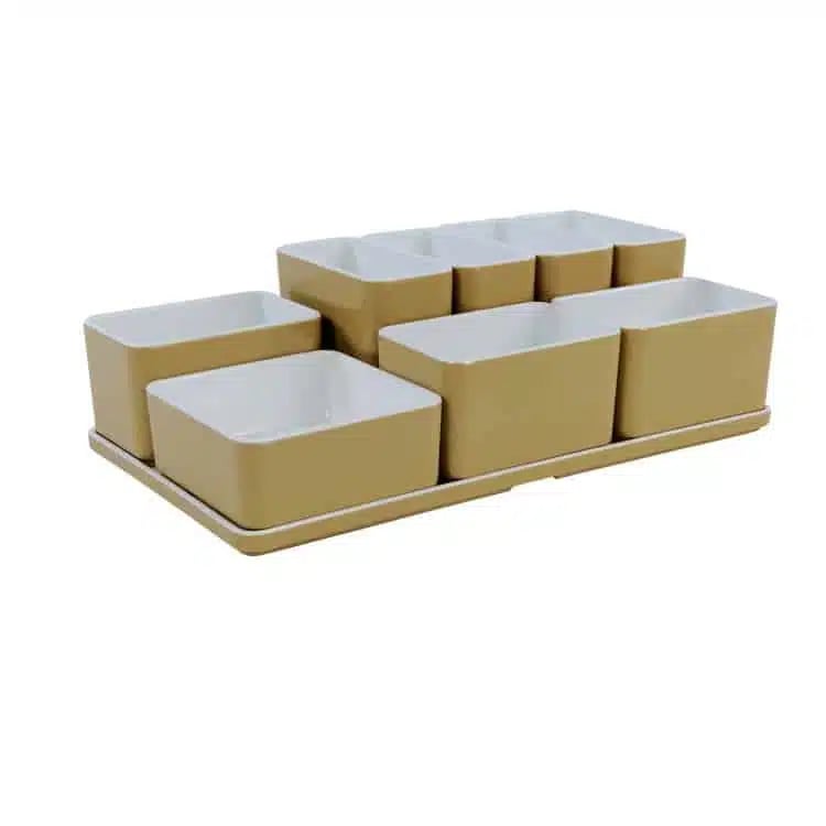Cube organizer sæt 24: Består af skål/bakke nr. (8) + (1) + 3stk.(5) + 4stk.(3) – 31.7 x 17.5 x H9.3 cm | Black. Champagne. Grey