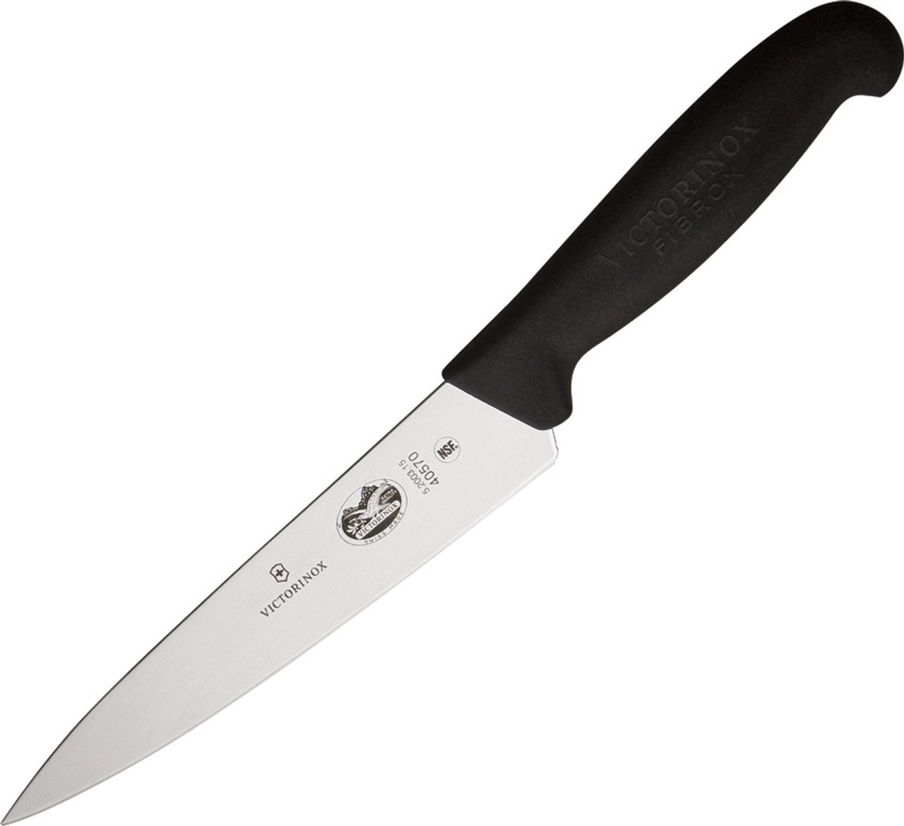 Close-up af Victorinox Fibrox 15 cm kokkekniv med skarp højkarbonstålsklinge og ergonomisk Fibrox-håndtag