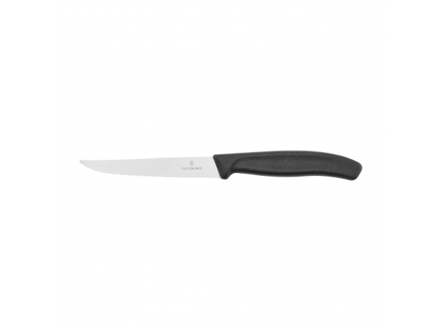 Close-up af Victorinox Swiss Classic steakkniv med 11 cm serreret spidsblad og sort polypropylene håndtag.