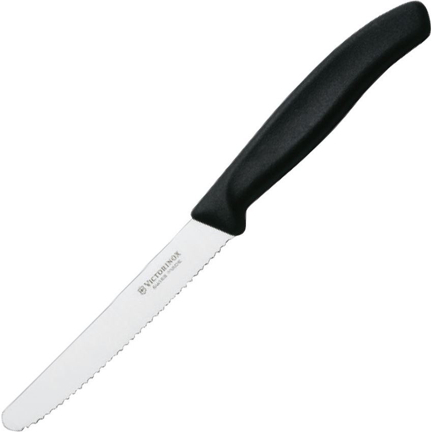Tomatkniv 11cm Swiss set forfra med rustfrit stålblad og sort nylonhåndtag.
