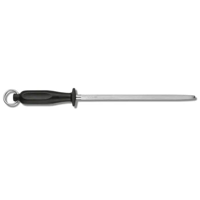 Strygestål 25cm Swiss med rundt medium-fint stål og sort håndtag set forfra.