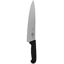 Frontbillede af Victorinox 10-tommer kokkekniv med sort Fibrox-håndtag og skarp klinge