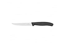 Close-up af Victorinox Swiss Classic steakkniv med 11 cm serreret spidsblad og sort polypropylene håndtag.