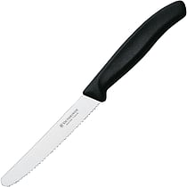Tomatkniv 11cm Swiss set forfra med rustfrit stålblad og sort nylonhåndtag.