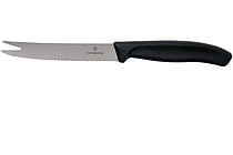 Ostekniv 11cm Swiss med bølget kant og gafeltip set forfra på træskærebræt.