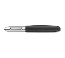 Skrællekniv sort Victorinox set forfra med skarpt rustfrit stålblad og ergonomisk nylonhåndtag.