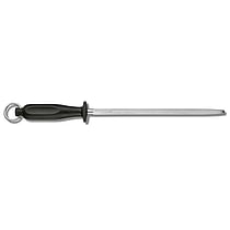 Strygestål 25cm Swiss med rundt medium-fint stål og sort håndtag set forfra.